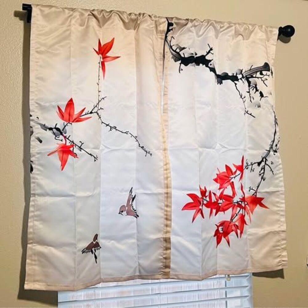 Japanese Floral Bird Curtains Set 2 Red Botanical Cafe Panels